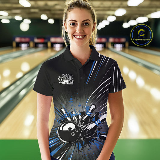 Custom Black And Blue Grunge Bowling Team Jerseys, Women Bowling Polo Shirts IPHW9621