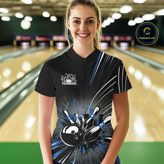 Custom Black And Blue Grunge Bowling Team Jerseys, Women Bowling Quarter-Zip Shirts IPHW9621