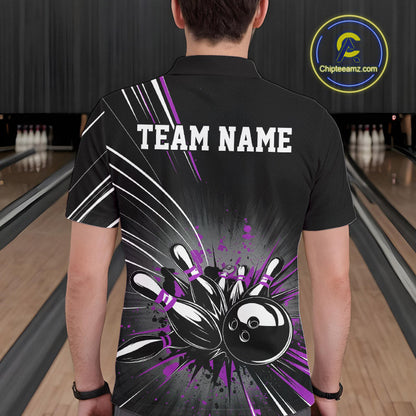 Custom Black And Purple Grunge Bowling Team Jerseys, Men Bowling Polo Shirts IPHW9622