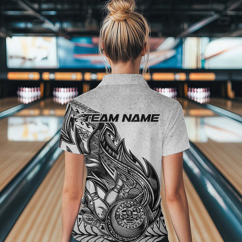 Custom Grunge Black And Gray Tribal Flame Polynesian Bowling Team Womens Quarter-Zip Shirts IPHW8804