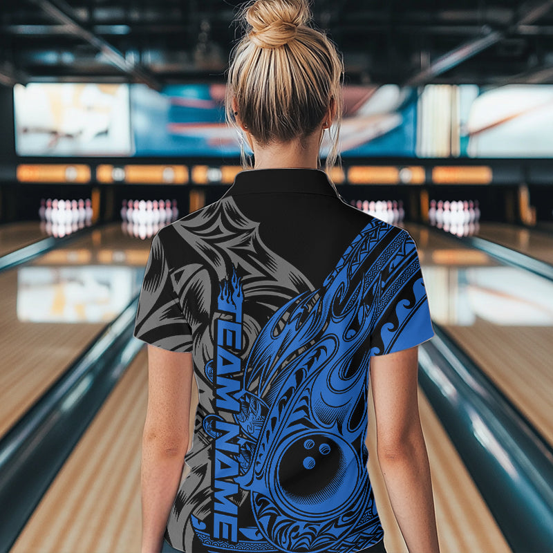 Custom Black And Blue Flame Tribal Polynesian Bowling Women Quarter-Zip Shirt, Team Uniform IPHW8808
