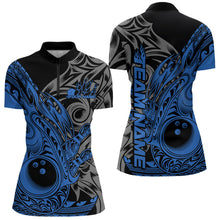 Load image into Gallery viewer, Custom Black And Blue Flame Tribal Polynesian Bowling Women Quarter-Zip Shirt, Team Uniform IPHW8808