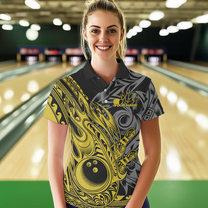 Custom Black And Yellow Flame Tribal Polynesian Bowling Women Polo Shirts, Team Uniform IPHW8810