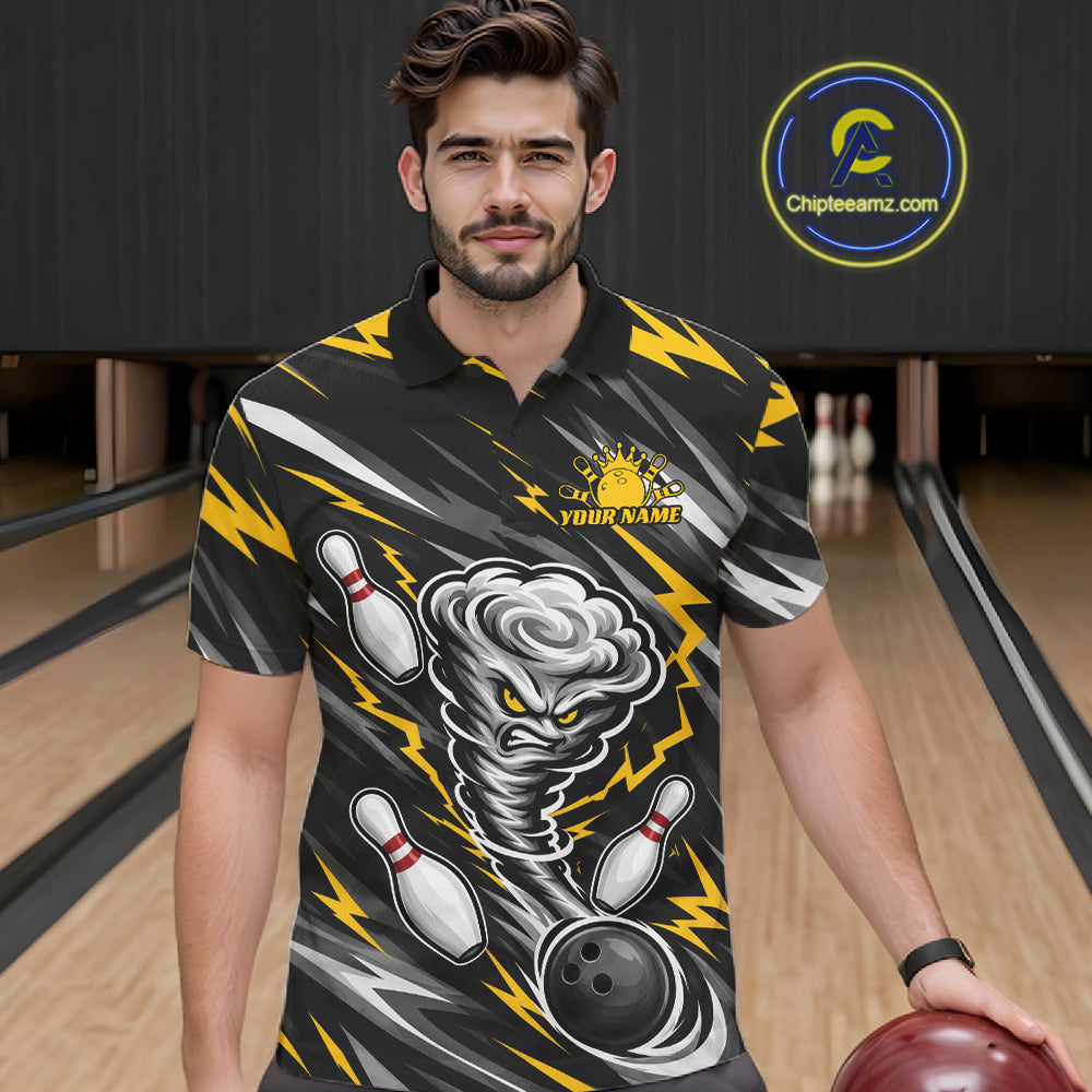 Custom Black And Yellow Storm Thunnder Lightning Bolts Bowling Team Men Polo Shirt IPHW11805