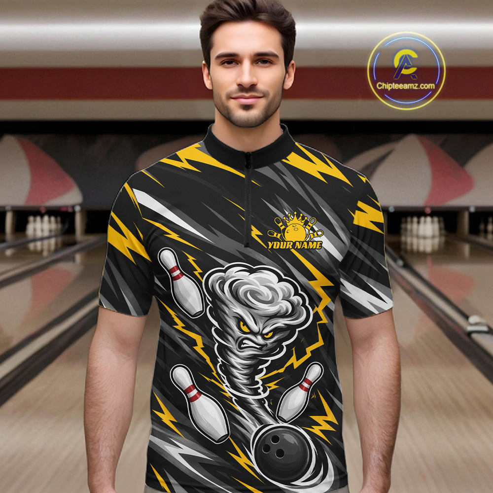 Custom Black And Yellow Storm Thunnder Lightning Bolts Bowling Team Men Quarter Zip Shirt IPHW11805