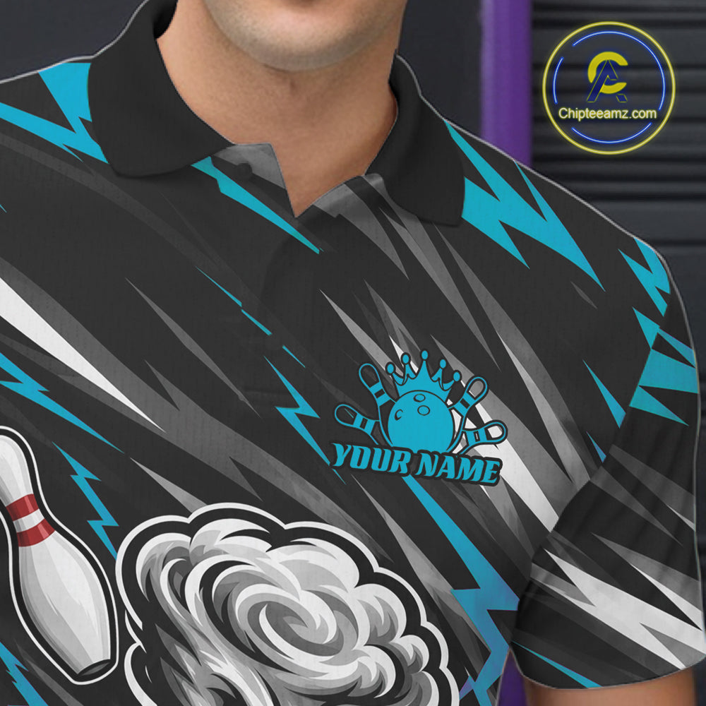 Custom Turquoise Blue Storm Thunnder Lightning Bolts Bowling Team Men Polo Shirt IPHW11806