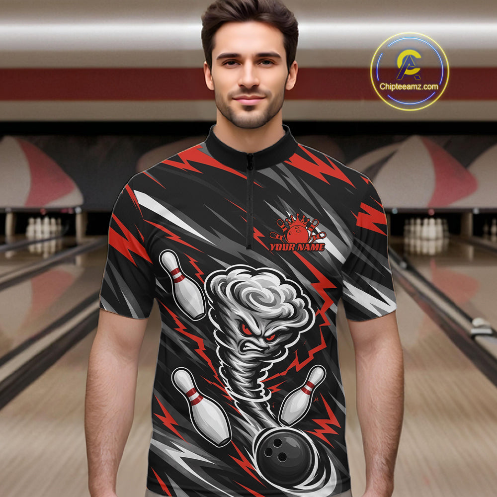 Custom Black And Red Storm Thunnder Lightning Bolts Bowling Team Men Quarter Zip Shirt IPHW11807
