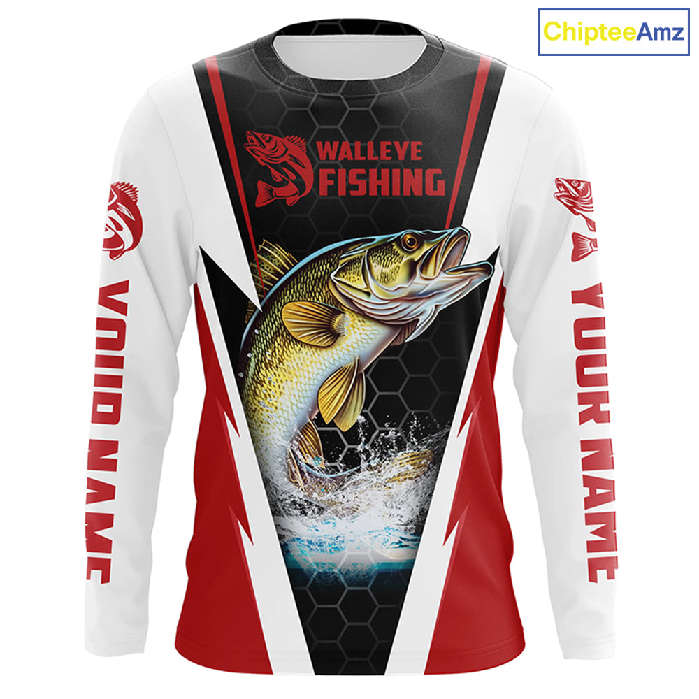 Custom Walleye Fishing Jerseys, Walleye Long Sleeve Tournament Fishing Shirts | Red IPHW5714