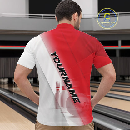 Front view male model in a bowling lane wearing a quarter zip shirt with bowling ball and pins incorporated into a red and white diagonal layout.