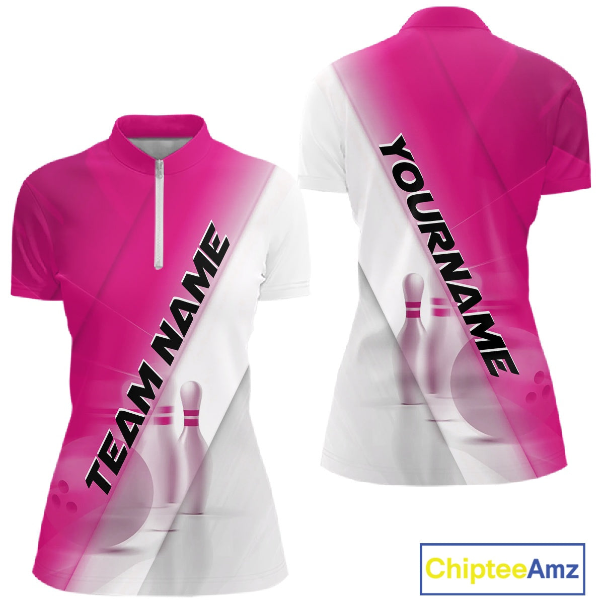 Front and back women’s bowling quarter zip mockup featuring bowling ball and pins graphics within a pink and white diagonal layout.