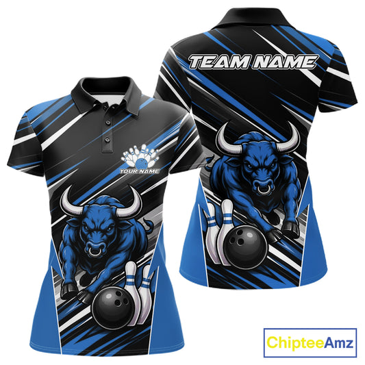 Custom Black And Blue Bull Bowling Team Women Polo Shirt, Bull Bowling Jerseys IPHW11815