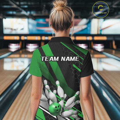 Custom Black And Green Bowling Team Jerseys, Striking Bowling League Polo Shirt For Women IPHW9808