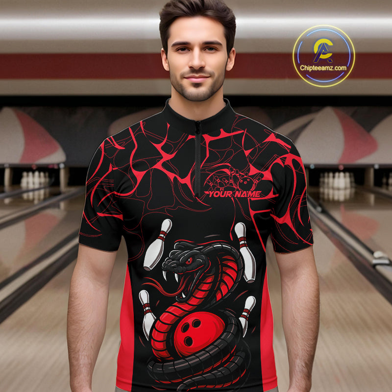 Custom Black And Red Cobra Snake Bowling Jerseys, Bowling Team Men Quarter-Zip Shirts IPHW9813