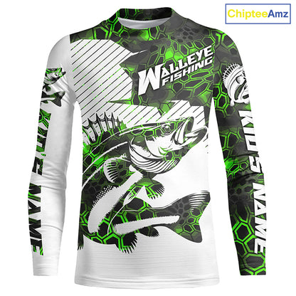 Custom Walleye Fishing Jerseys, Walleye Fishing Long Sleeve Fishing Tournament Shirts | Green Camo IPHW5730