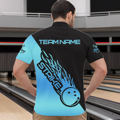 Black And Blue Custom Strike Bowling Quarter-Zip Shirts For Men, Bowling Team Shirt Bowler Outfit IPHW8822