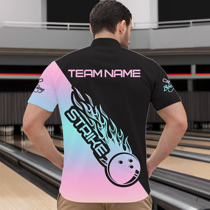 Blue And Pink Custom Strike Bowling Quarter-Zip Shirts For Men, Bowling Team Shirt Bowler Outfit IPHW8823