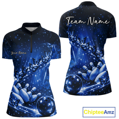 Custom Blue Butterfly Bowling Women Quarter-Zip Team Shirt, Ladies Bowling League Shirt IPHW10902