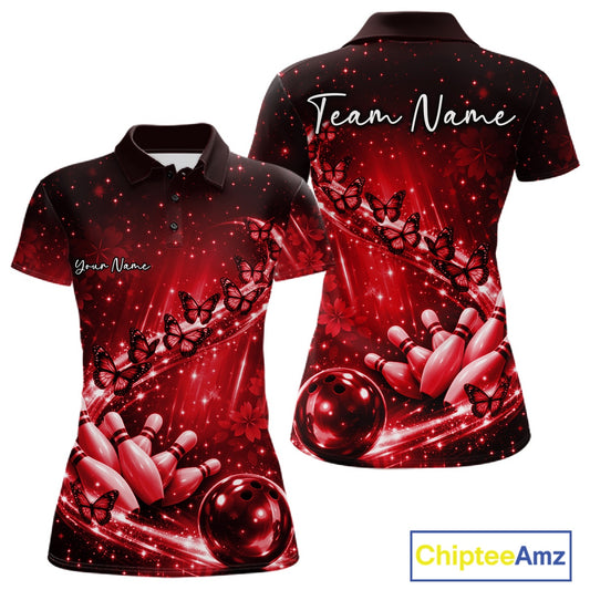 Custom Red Butterfly Bowling Women Polo Team Shirt, Ladies Bowling League Shirt IPHW10903