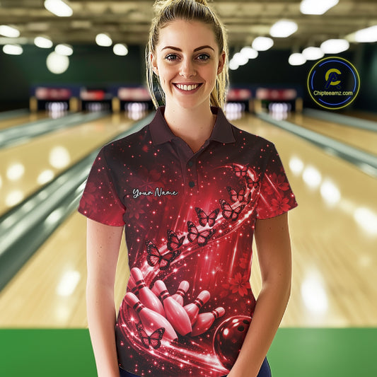 Custom Red Butterfly Bowling Women Polo Team Shirt, Ladies Bowling League Shirt IPHW10903