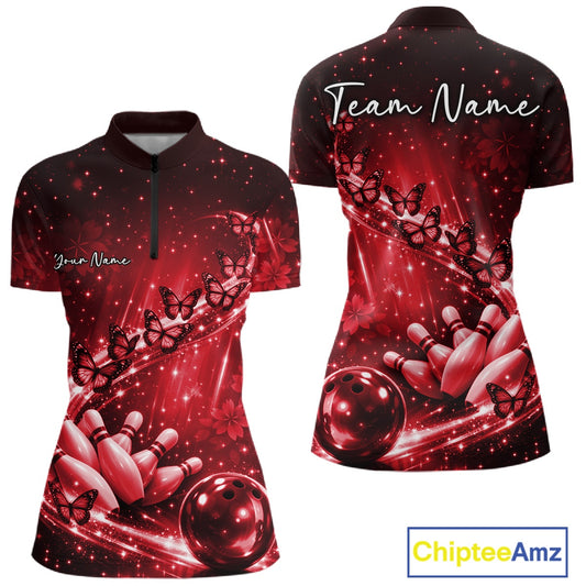Custom Red Butterfly Bowling Women Quarter-Zip Team Shirt, Ladies Bowling League Shirt IPHW10903