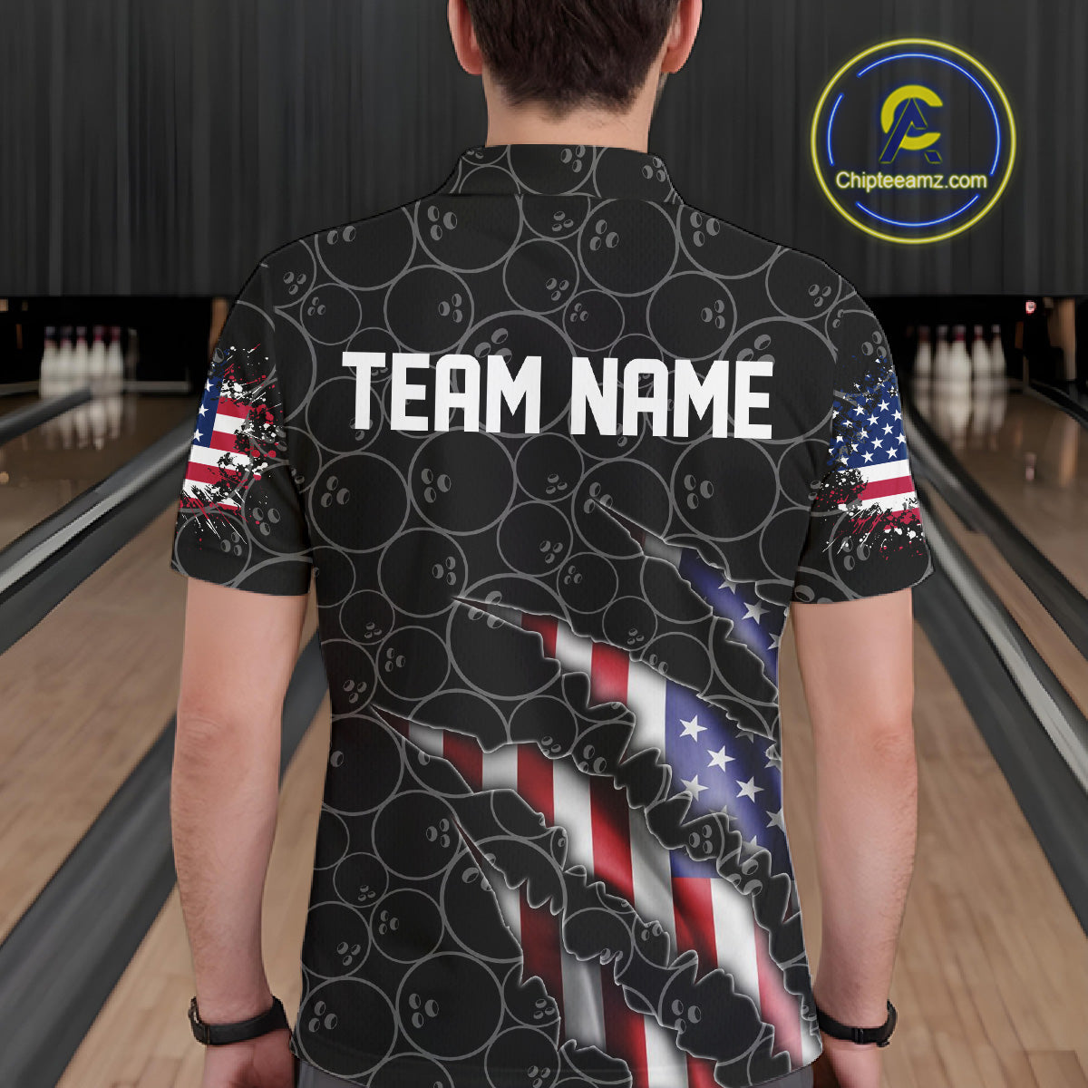 Custom Patriotic Bowling Shirts For Men, American Flag Bowling Uniform Bowlers Outfit | Black IPHW6778