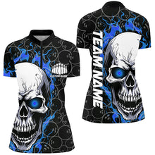 Load image into Gallery viewer, Personalized Skull Bowling Shirt For Women Custom Team'S Name Flame Bowler Jerseys | Blue IPHW5103