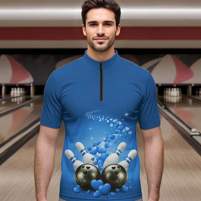 Custom Blue Valentine Bowling Quarter-Zip Shirts For Men, Valentines Day Couple Bowling Outfits  IPHW8349
