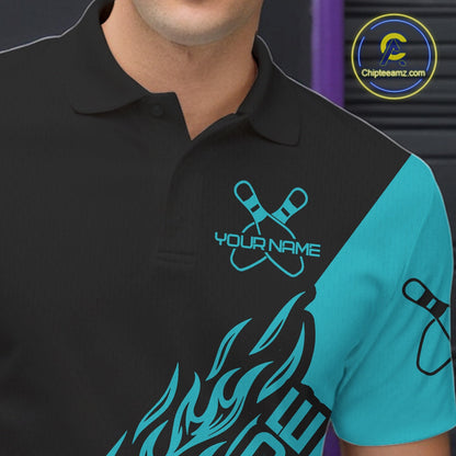Custom Black And Blue Flame Spare Bowling Men Shirts, Bowling Team League Jerseys IPHW10689