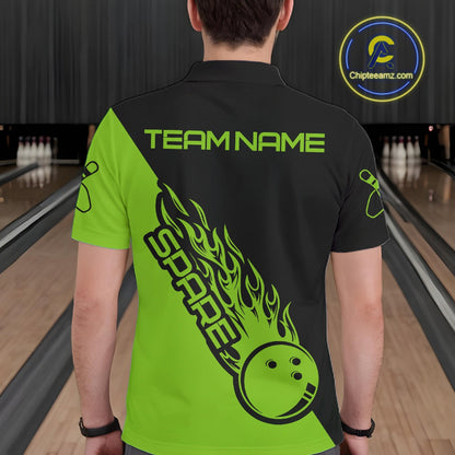 Custom Black And Green Flame Spare Bowling Men Shirts, Bowling Team League Jerseys IPHW10690