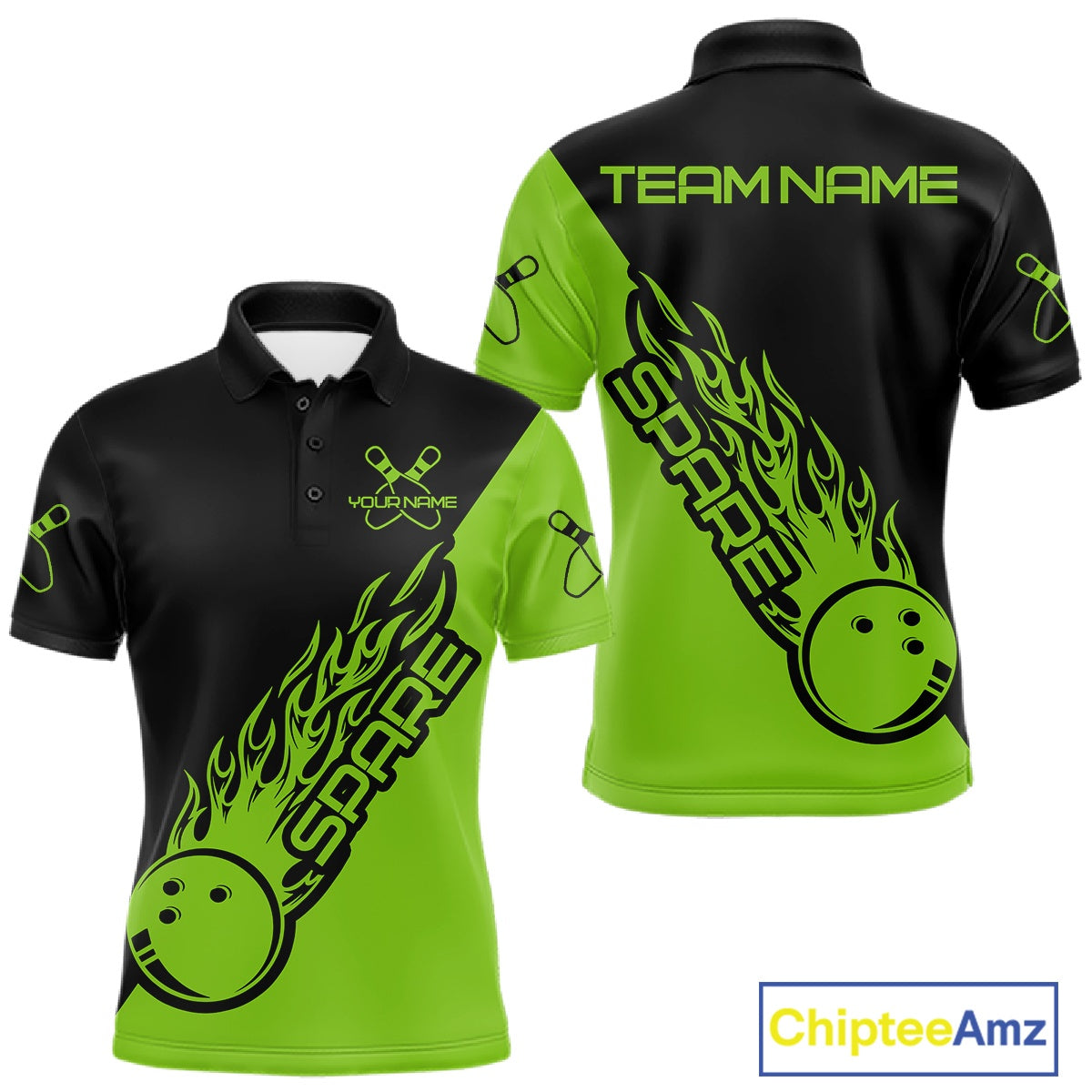 Custom Black And Green Flame Spare Bowling Men Shirts, Bowling Team League Jerseys IPHW10690