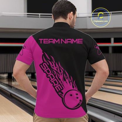 Custom Black And Pink Flame Spare Bowling Men Shirts, Bowling Team League Jerseys IPHW10691