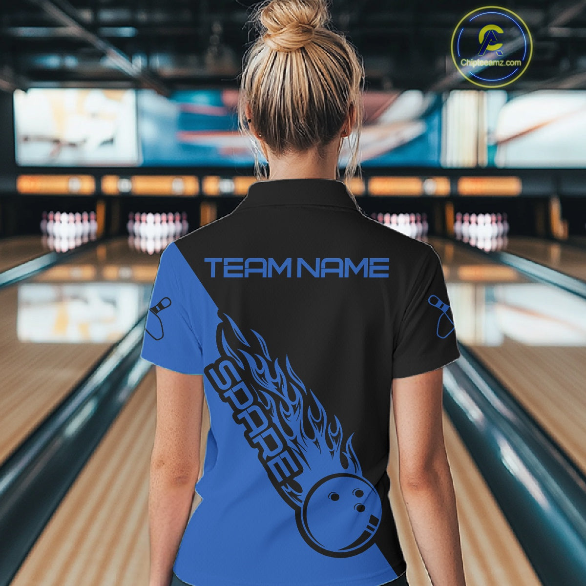 Custom Black And Blue Flame Spare Bowling Women Shirts, Bowling Team League Jerseys IPHW10692
