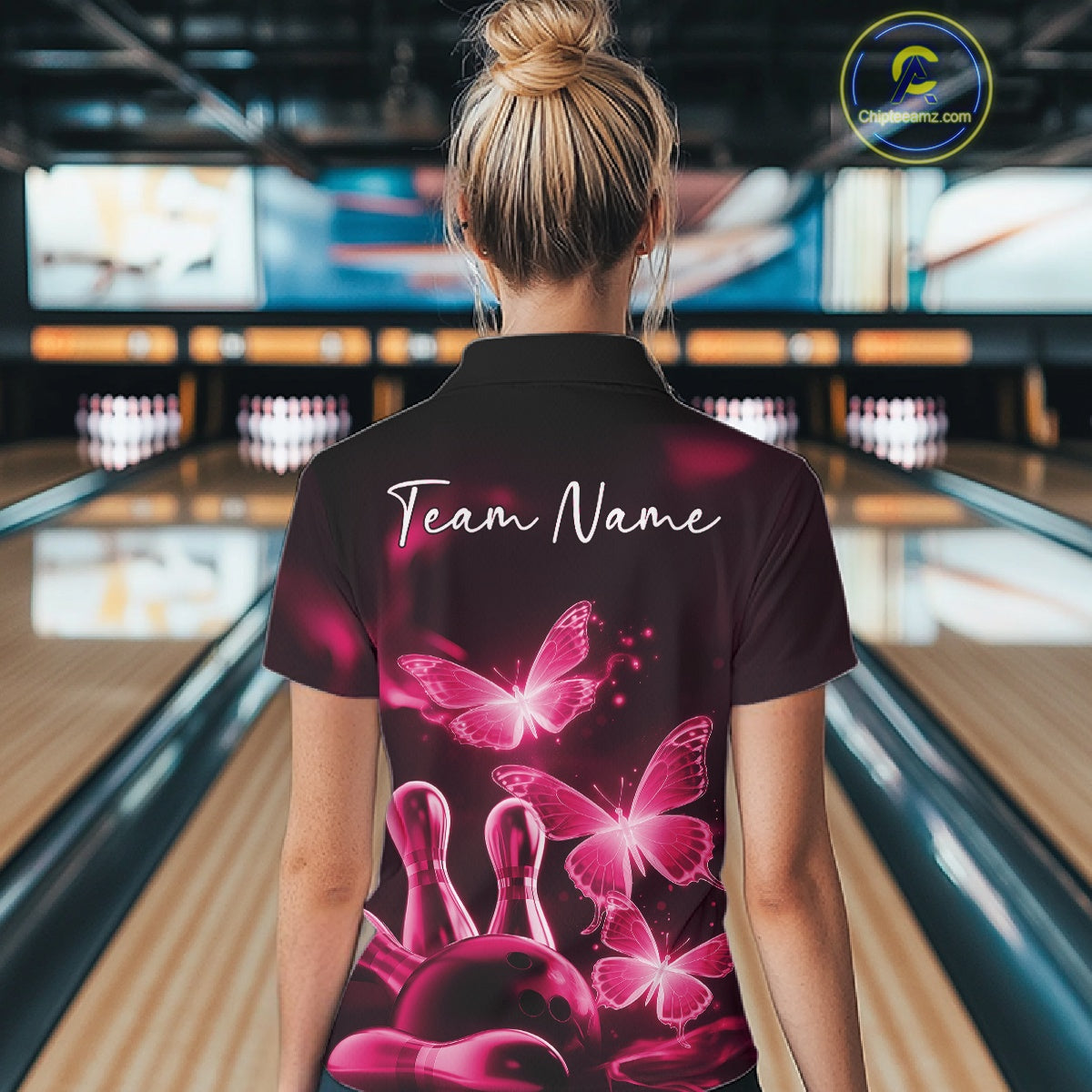Custom Pink Butterfly Bowling Polo Shirts For Women, Bowling Team Shirt With Butterflies IPHW10702