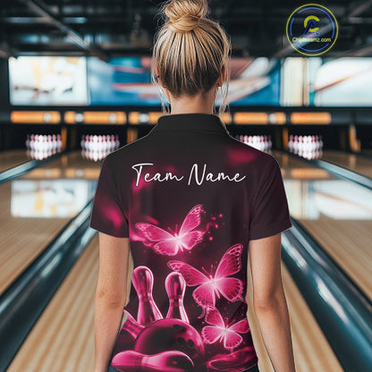 Custom Pink Butterfly Bowling Polo Shirts For Women, Bowling Team Shirt With Butterflies IPHW10702