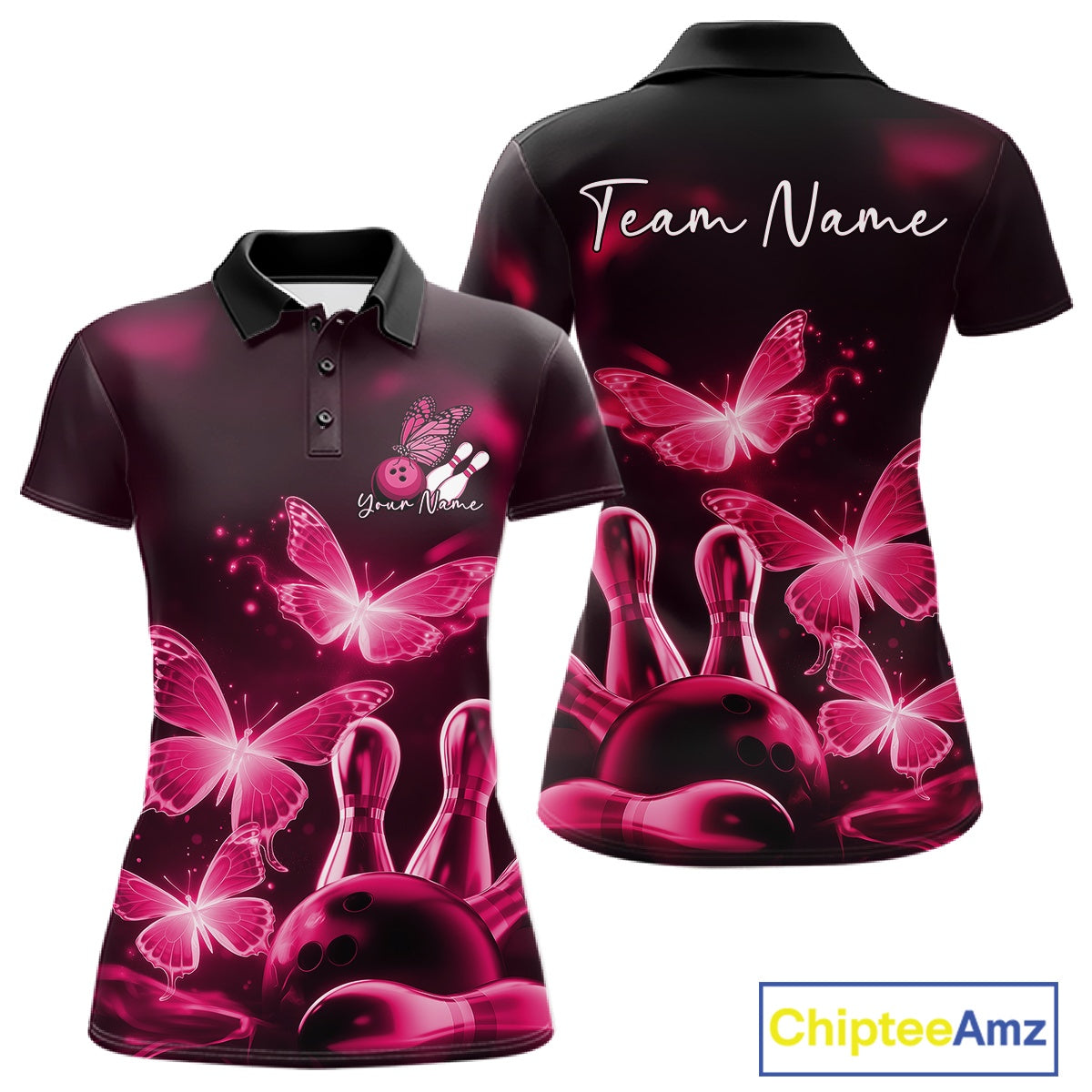 Custom Pink Butterfly Bowling Polo Shirts For Women, Bowling Team Shirt With Butterflies IPHW10702