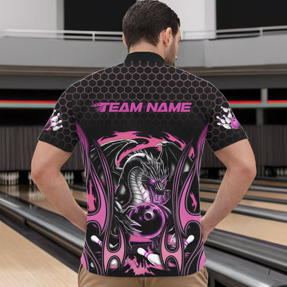 Custom Black And Pink Flame Dragon Bowling Men Quarter-Zip Shirts, Team Bowling League Shirt IPHW8841