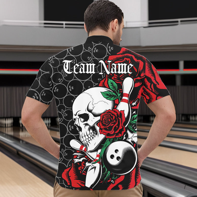 Custom Red Roses And Skull Bowling Quarter-Zip Shirts For Men, Team Bowling League Shirt IPHW8842
