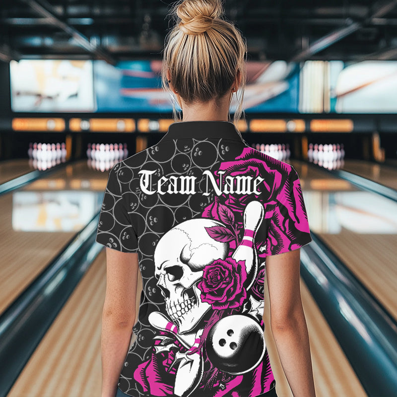 Custom Pink Roses And Skull Bowling Polo Shirts For Women, Team Bowling League Shirt IPHW8843