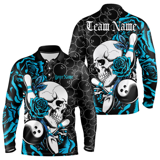 Custom Blue Roses And Skull Bowling Long Sleeve Polo Shirts For Men, Team Bowling League Shirt IPHW8844