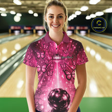 Load image into Gallery viewer, Custom Pink Galaxy Bowling Lane Butterfly Bowling Team Women Polo Shirt IPHW10915