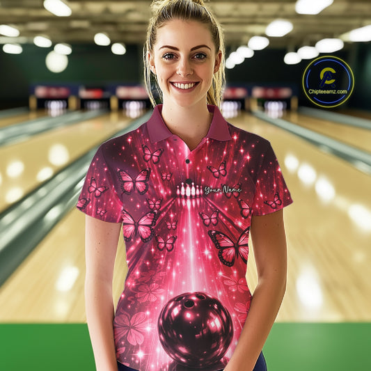 Custom Red Galaxy Bowling Lane Butterfly Bowling Team Women Polo Shirt IPHW10916