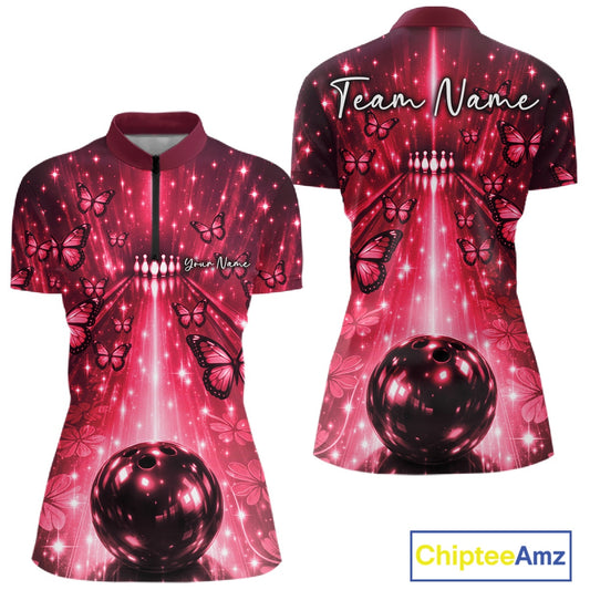 Custom Red Galaxy Bowling Lane Butterfly Bowling Team Women Quarter-Zip Shirt IPHW10916