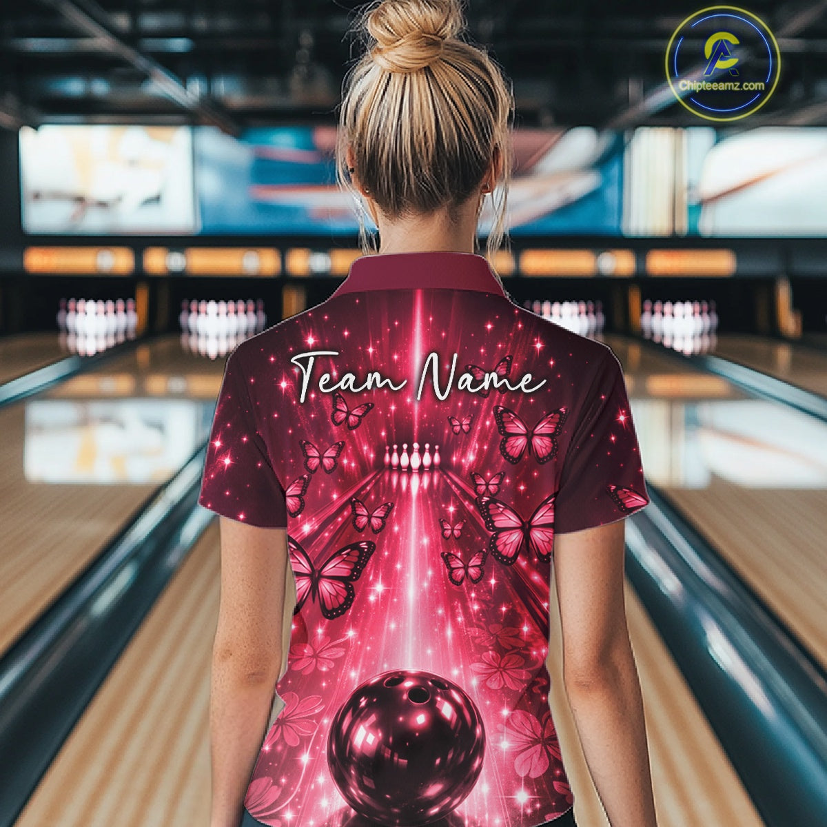 Custom Red Galaxy Bowling Lane Butterfly Bowling Team Women Quarter-Zip Shirt IPHW10916