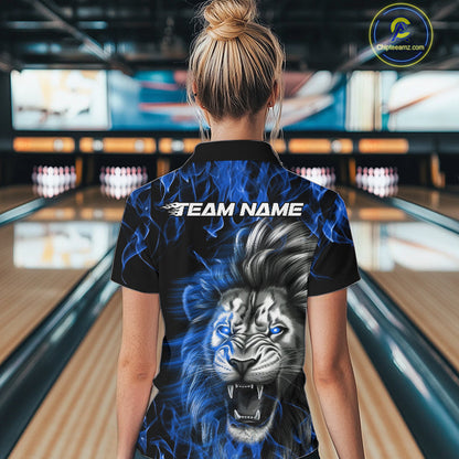 Custom Blue Flame Lion Bowling Quarter-Zip Team Shirt For Women, Bowling League Shirt IPHW9327