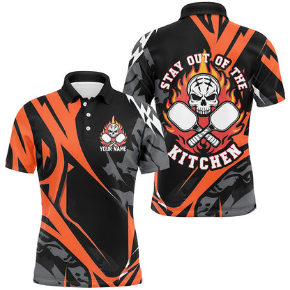 Custom Flame Skull Pickleball Polo Shirts For Men Sayings "Stay Out Of The Kitchen" IPHW6908