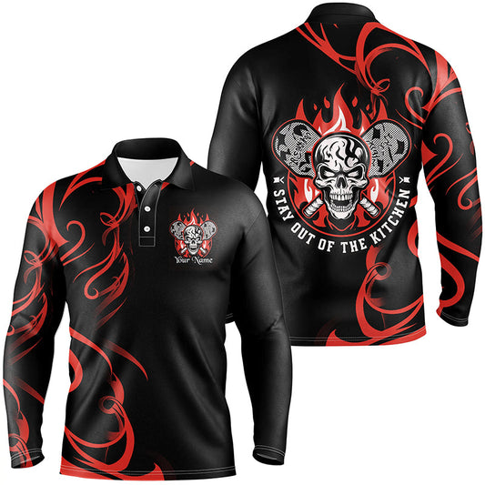 Custom Flame Skull Pickleball Polo Shirts For Men Sayings "Stay Out Of The Kitchen" | Red IPHW6909