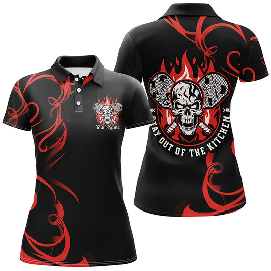 Custom Flame Skull Pickleball Polo Shirts For Women's "Stay Out Of The Kitchen" | Red IPHW6909