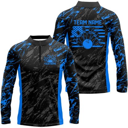 Black And Blue Camo Custom Patriotic Bowling Shirts For Men, American Flag US Bowling League Shirt IPHW7914