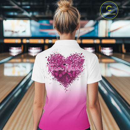 Custom Pink Butterflies Heart Bowling Team Women Polo Shirts, Ladies Bowling League Shirt IPHW10235