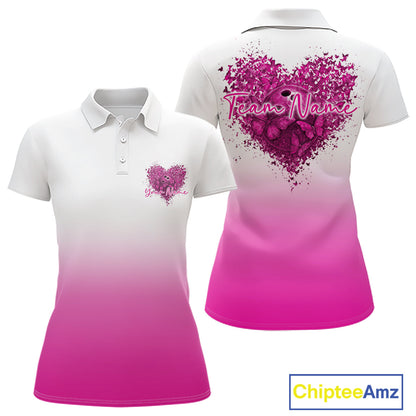 Custom Pink Butterflies Heart Bowling Team Women Polo Shirts, Ladies Bowling League Shirt IPHW10235